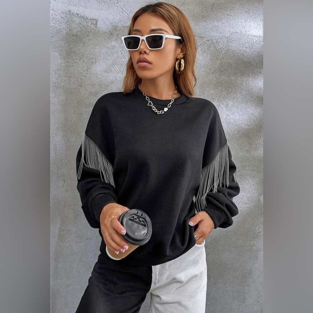 Rhinestone dangling sleeve sweatshirt